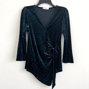Beacon Apparel Women Velvet Checkered Teal Asymmetrical Wrap Top Size M